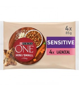 Purina ONE Mini-Small Sensitive - nedves kutyaeledel (lazaccal, rizzsel, répával) - 4x85 g