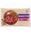 Purina ONE Mini-Small Sensitive - nedves kutyaeledel (lazaccal, rizzsel, répával) - 4x85 g