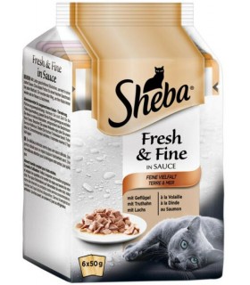 Sheba Fresh & Fine in Sauce Adult - alutasakos macskaeledel szószban (szárnyas, lazac) - 6x50 g