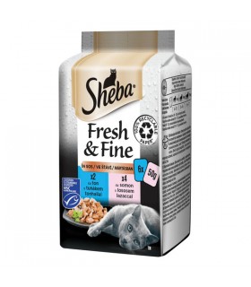 Sheba Fresh & Fine Adult - alutasakos macskaeledel mártásban (lazac, tonhal) - 6x50 g