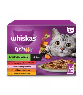 Whiskas Tasty Mix 1+ - nedves macskaeledel mártásban (marha, baromfi-zöldség, lazac-répa) - 12x85 g